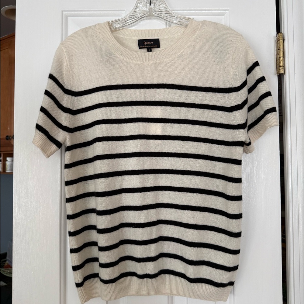 Quince Cream and Black Striped Short Sleeve Knit Tee